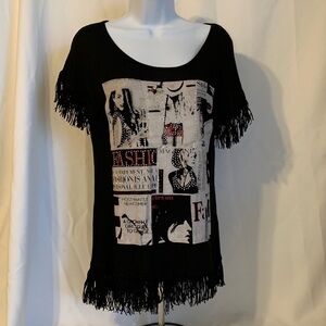 Woman’s Size Small Rayon Blend Fabric Fringe Vogue Front Graphic Back Button Top